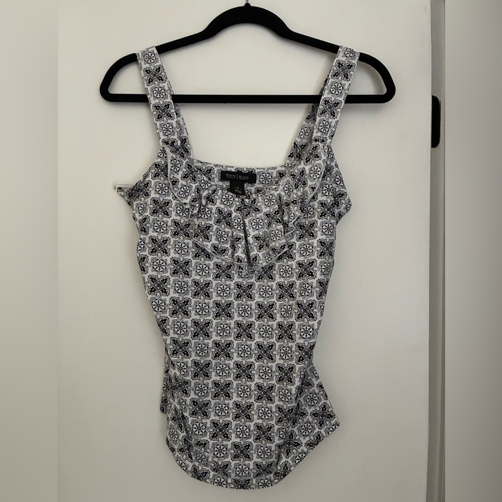 White House Black Market Black and White Geometric Ruffle Camisole